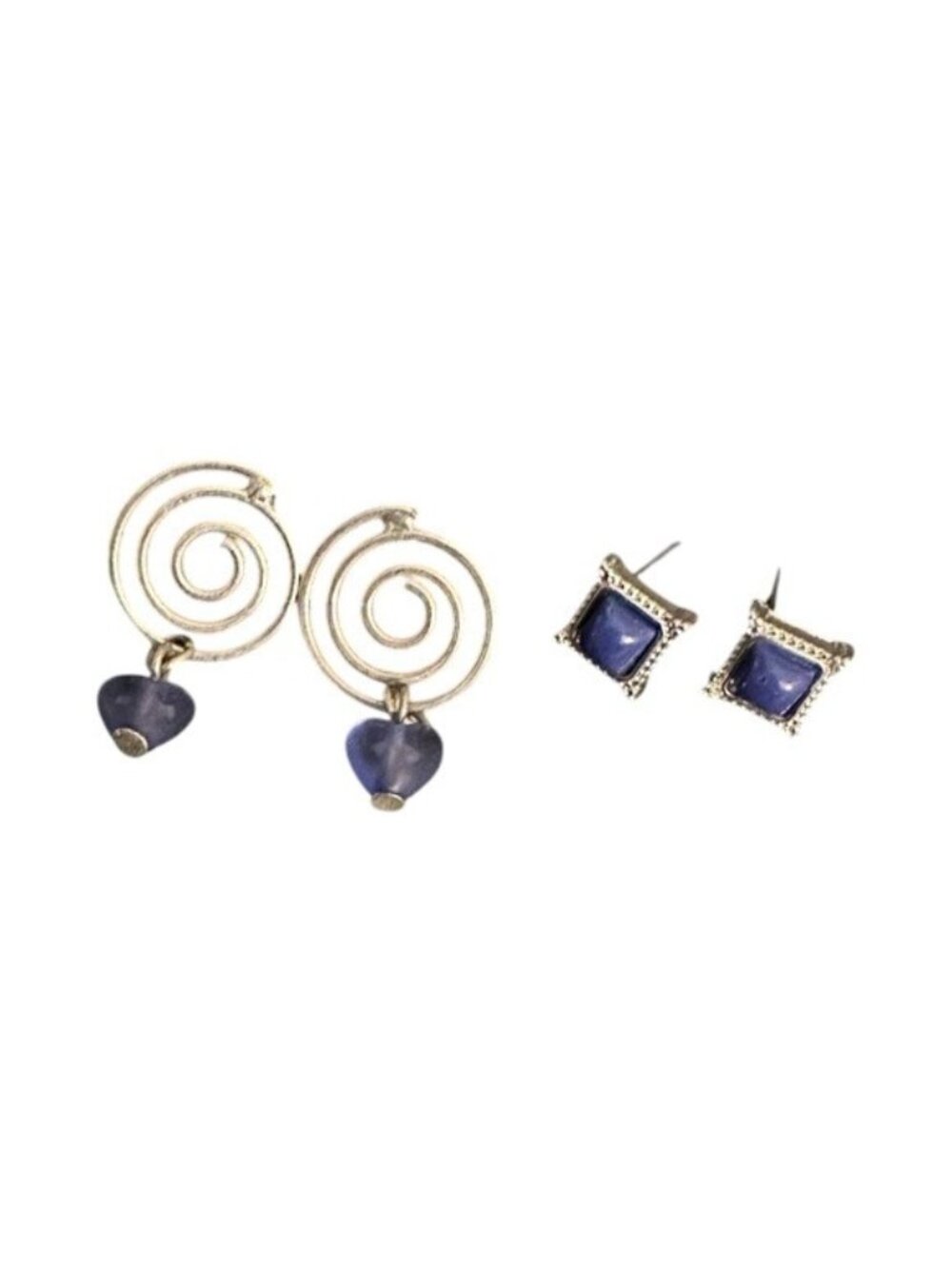 Silver Spiral Drop Earrings With Purple Heart Charms & Square Stud Earrings Set